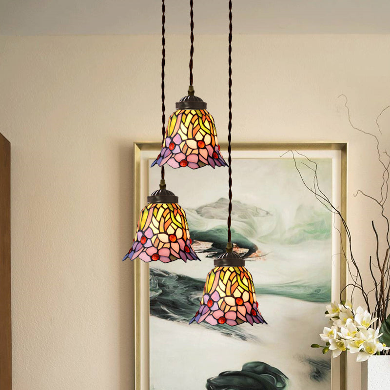 Suspension multiple en verre taillé à la main de style victorien - Motif cloche/bol rose/bleu clair et blanc, motif floral/fruité - 3 têtes
