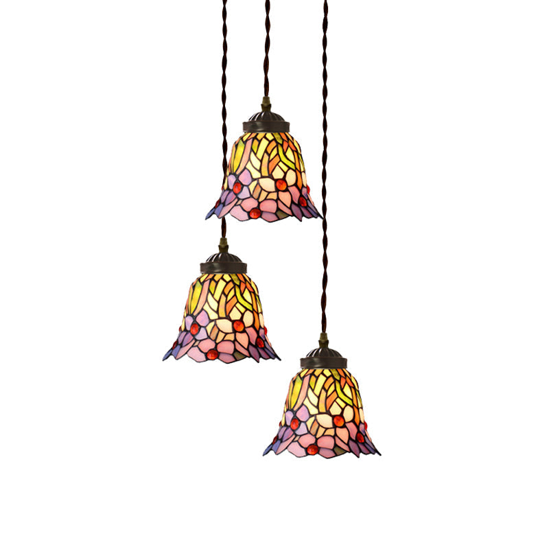 Suspension multiple en verre taillé à la main de style victorien - Motif cloche/bol rose/bleu clair et blanc, motif floral/fruité - 3 têtes