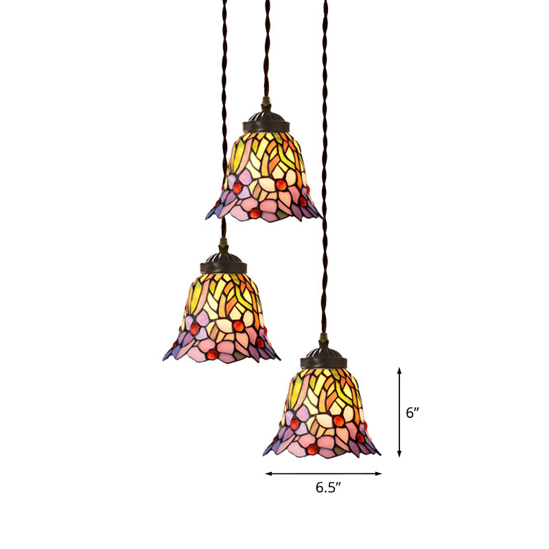 Suspension multiple en verre taillé à la main de style victorien - Motif cloche/bol rose/bleu clair et blanc, motif floral/fruité - 3 têtes