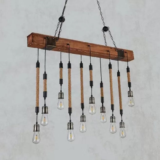 Rustic Island Light With Multiple Open Bulbs And Wooden Beam Beige