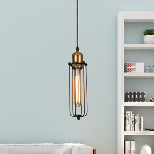 Industrial Brass Finish Tubed Pendant Lighting with Cage Shade - 1 Head Metal Hanging Ceiling Light