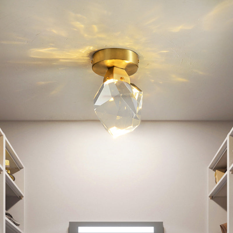 Geometric Crystal Block LED Flush Ceiling Light in Brass - Minimalist Flush Mount Spotlight