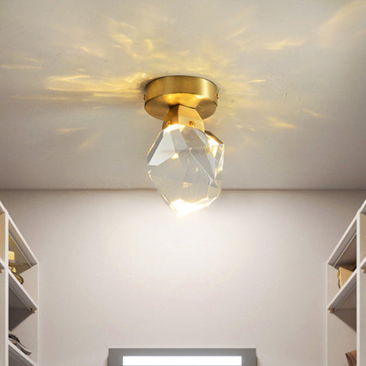 Geometric Crystal Block LED Flush Ceiling Light in Brass - Minimalist Flush Mount Spotlight