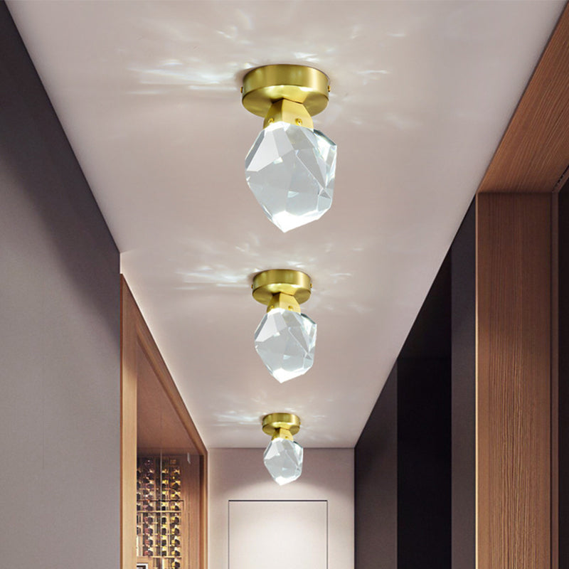 Geometric Crystal Block LED Flush Ceiling Light in Brass - Minimalist Flush Mount Spotlight