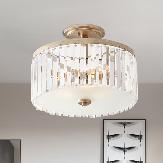 Gold Circle Crystal Block Semi Flush Mount with Recessed Lighting - 3 Bulbs, Simplicity for Corridors