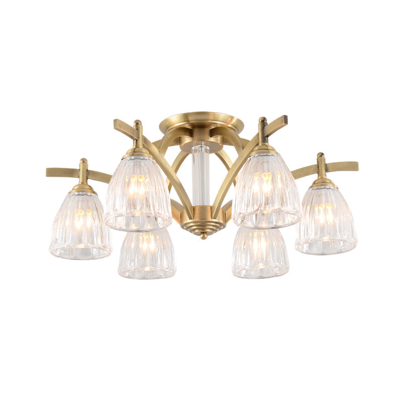 Lampe semi-encastrée en forme de cône en verre transparent vintage avec 6 ampoules - Plafonnier en laiton pour salle à manger