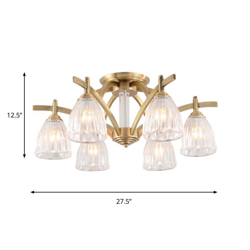 Lampe semi-encastrée en forme de cône en verre transparent vintage avec 6 ampoules - Plafonnier en laiton pour salle à manger