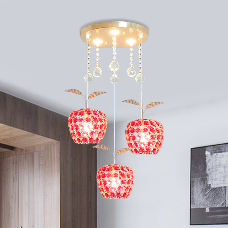 Apple Shaped Multi-Pendant Red Crystal 3-Light Gold Suspension Lamp