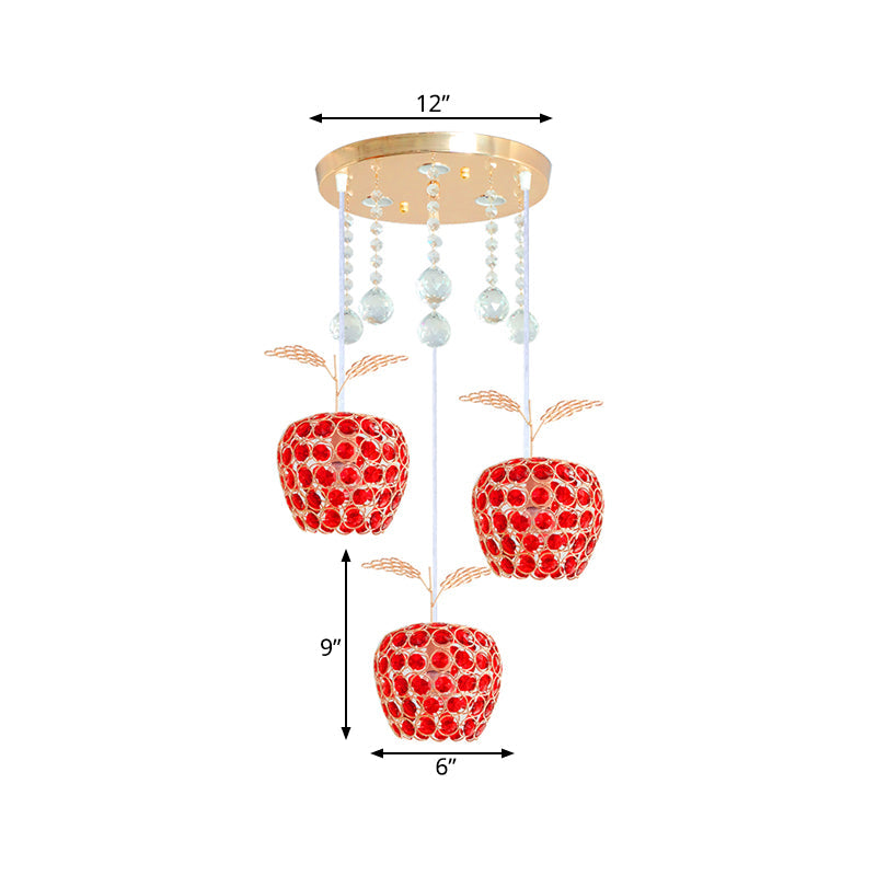 Apple Shaped Multi-Pendant Red Crystal 3-Light Gold Suspension Lamp
