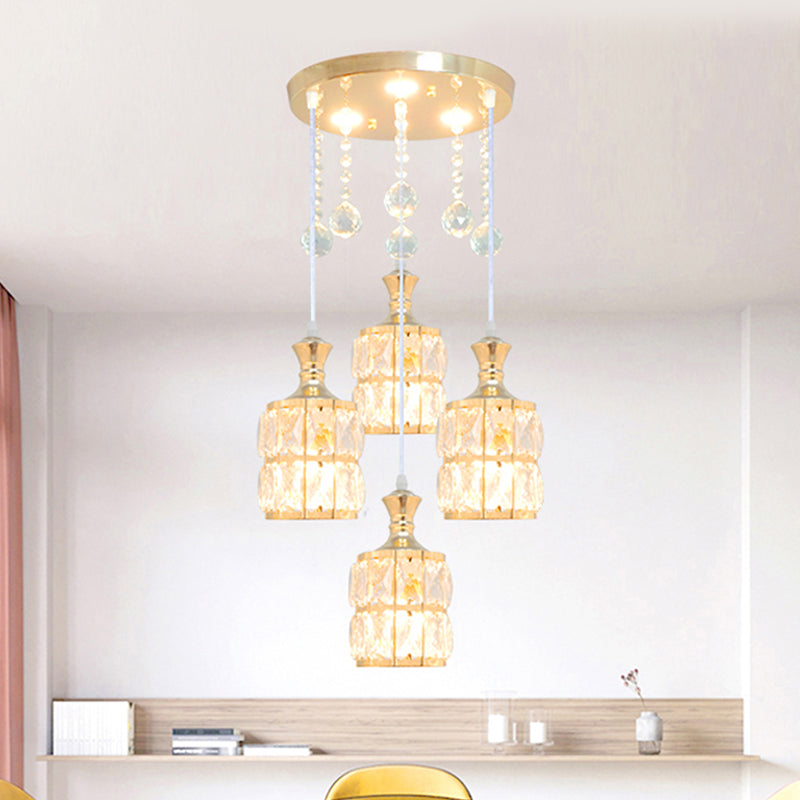 Modern Crystal Cylinder Pendant Light Fixture - Gold - 4-Bulb Hanging Lamp Kit