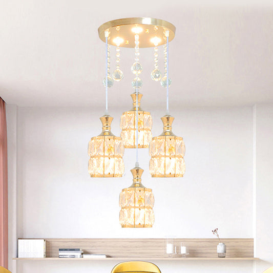 Modern Crystal Cylinder Pendant Light Fixture - Gold - 4-Bulb Hanging Lamp Kit