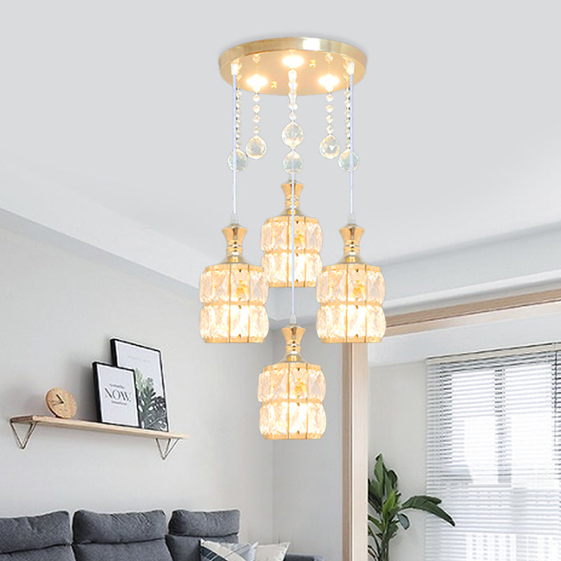 Modern Crystal Cylinder Pendant Light Fixture - Gold - 4-Bulb Hanging Lamp Kit