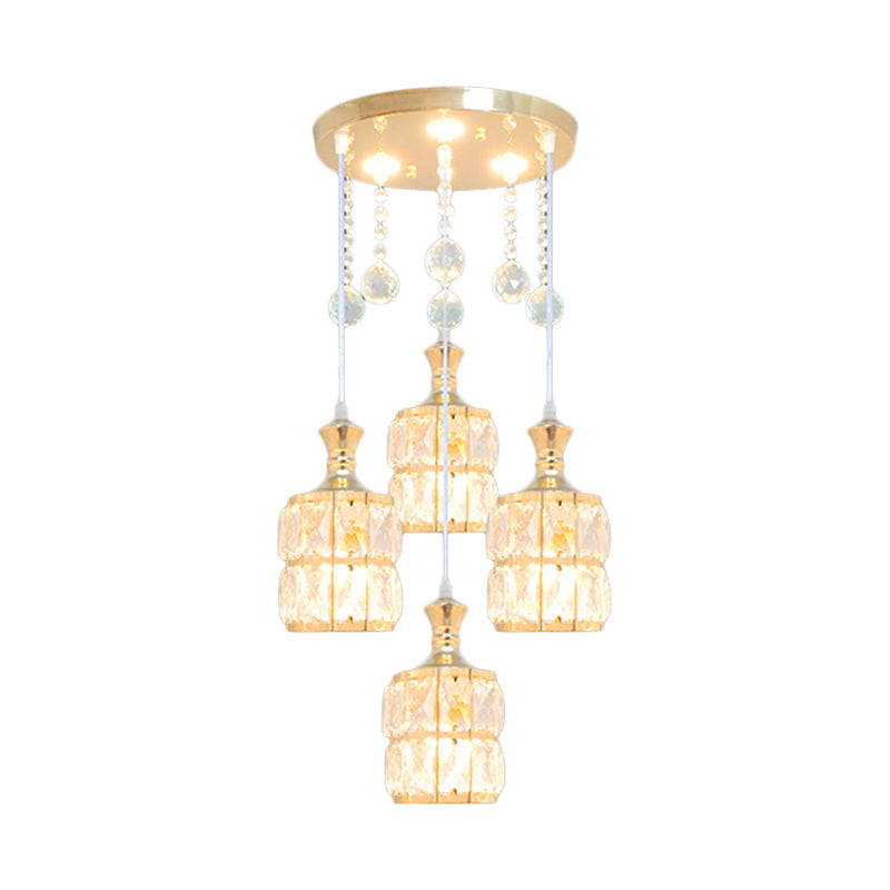 Modern Gold Crystal Block Cylinder Pendant Light Fixture - 4-Bulb Hanging Lamp Kit