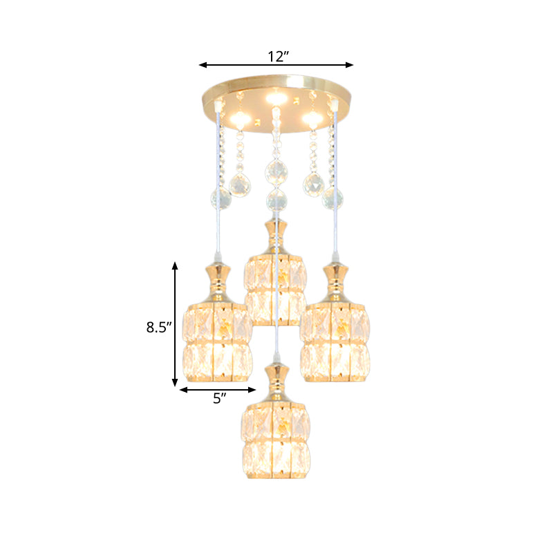 Modern Crystal Cylinder Pendant Light Fixture - Gold - 4-Bulb Hanging Lamp Kit