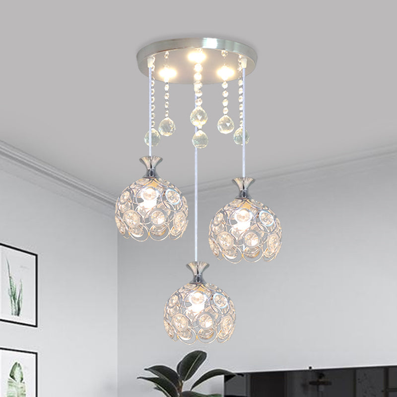 Modern 3-Head Silver Pendant Light with Crystal-Encrusted Dome Shade for Dining Room