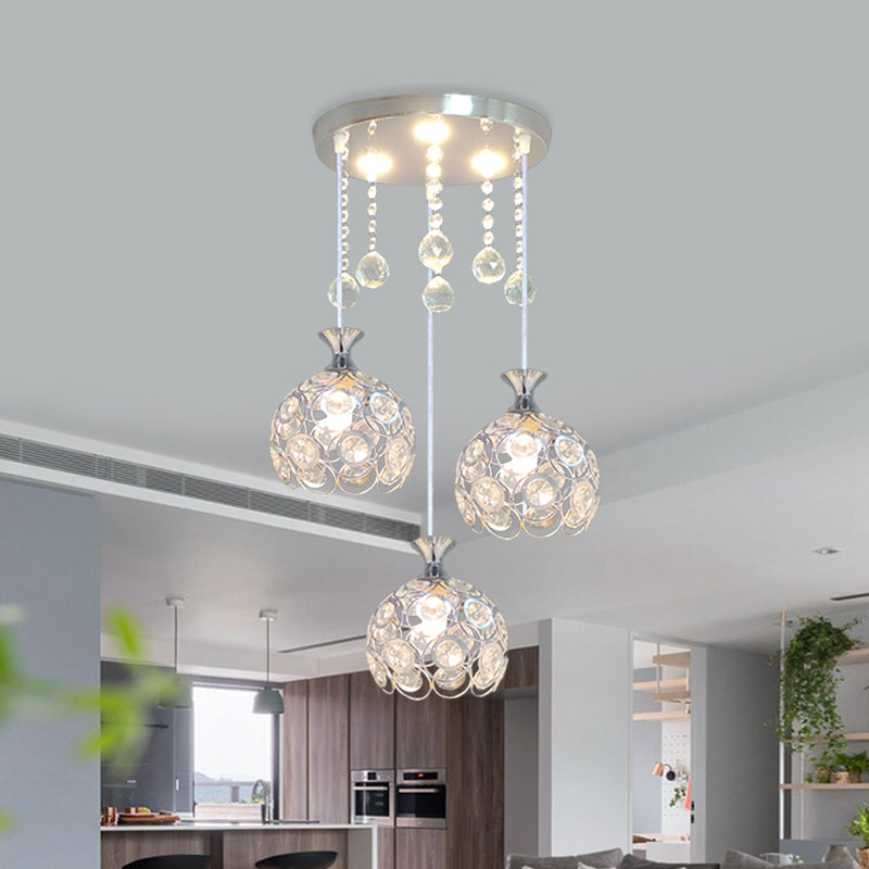 Silver Finish Modern 3-Head Dining Room Pendant Light With Crystal-Encrusted Dome Shade