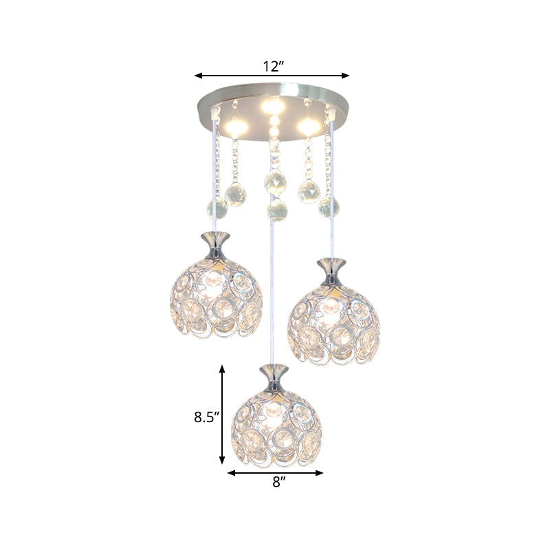 Modern 3-Head Silver Pendant Light with Crystal-Encrusted Dome Shade for Dining Room