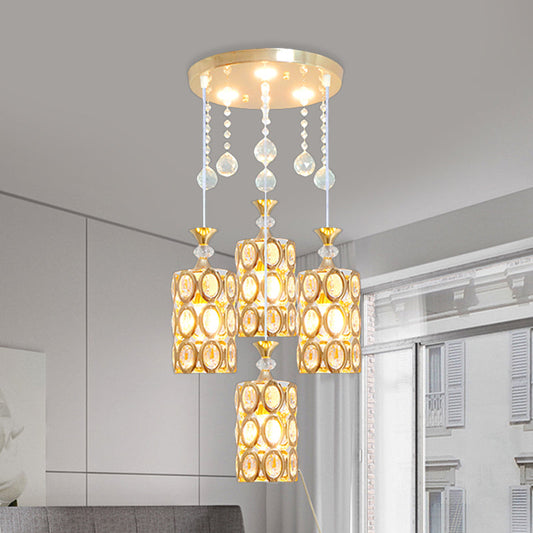Modernist Crystal Encrusted 4-Light Pendant Ceiling Lamp in Gold
