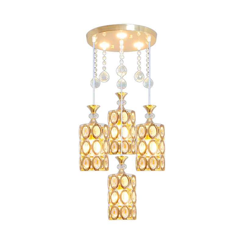 Gold Modernist 4-Light Pendant Lamp With Crystal Encrusted Cylinder Design