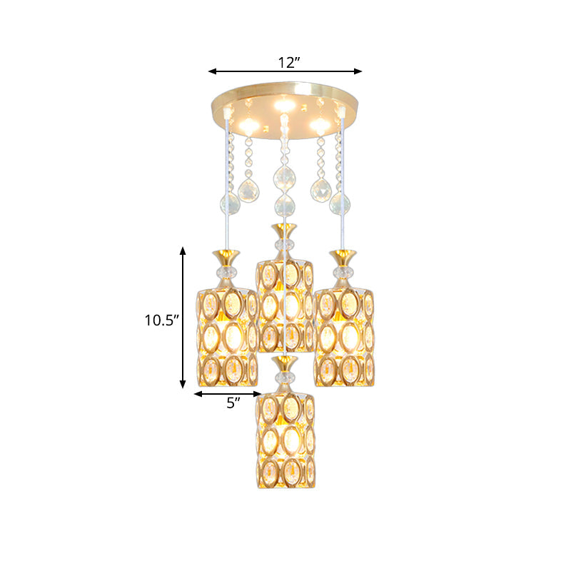 Modernist Crystal Encrusted 4-Light Pendant Ceiling Lamp in Gold