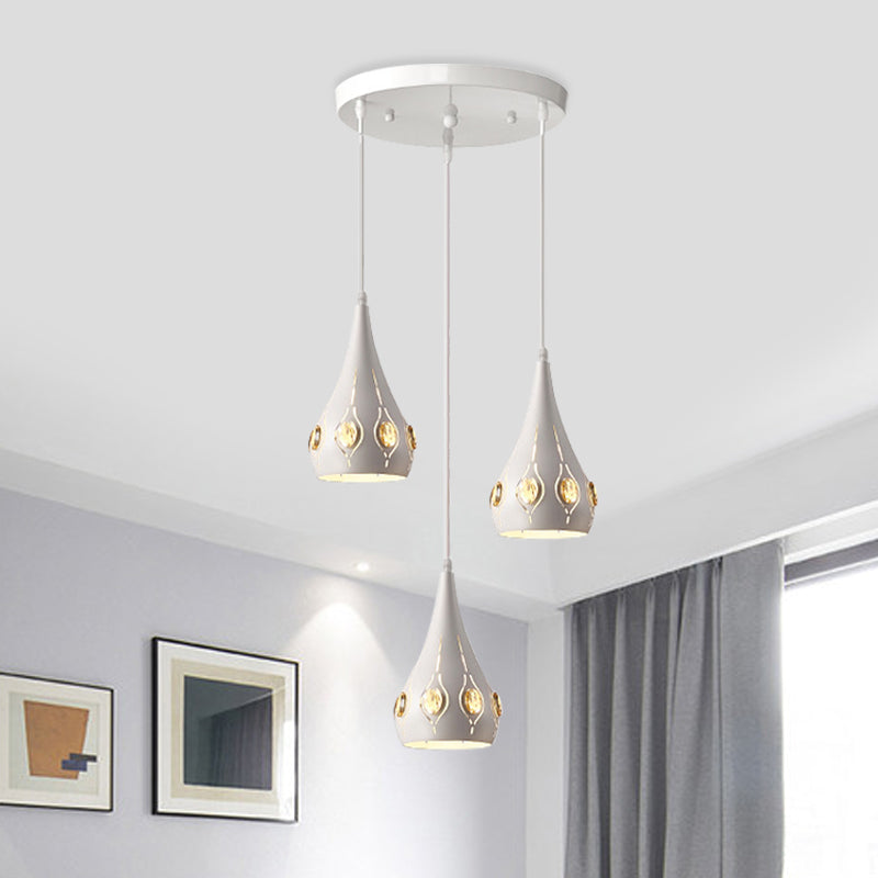 Teardrop Iron Multi-Light Pendant with Crystal Block Accent - Minimalist White Suspension Lamp (3 Bulbs)