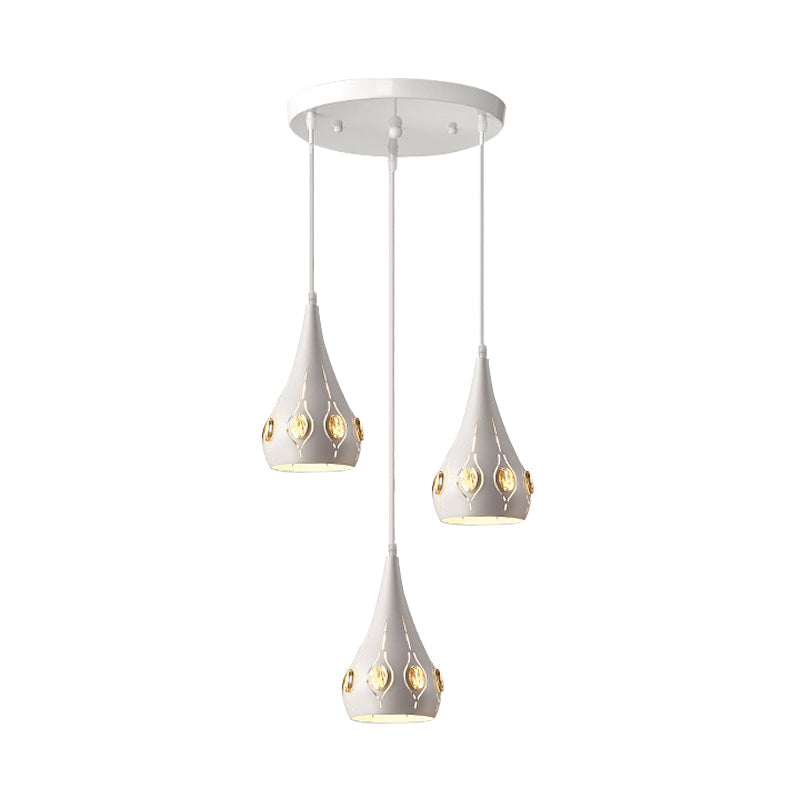 Teardrop Iron Multi-Light Pendant with Crystal Block Accent - Minimalist White Suspension Lamp (3 Bulbs)