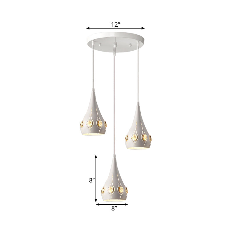 Teardrop Iron Multi-Light Pendant with Crystal Block Accent - Minimalist White Suspension Lamp (3 Bulbs)