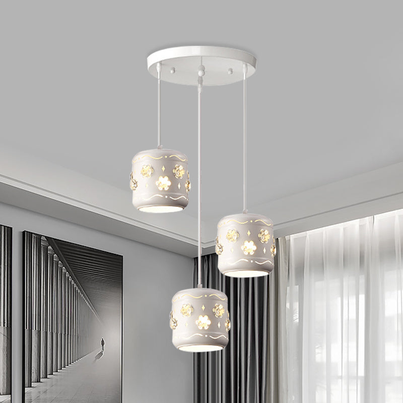 Iron Drum 3-Light Pendant Lamp Fixture - Modern White Ceiling Light with Flower Crystal Encrusted Design