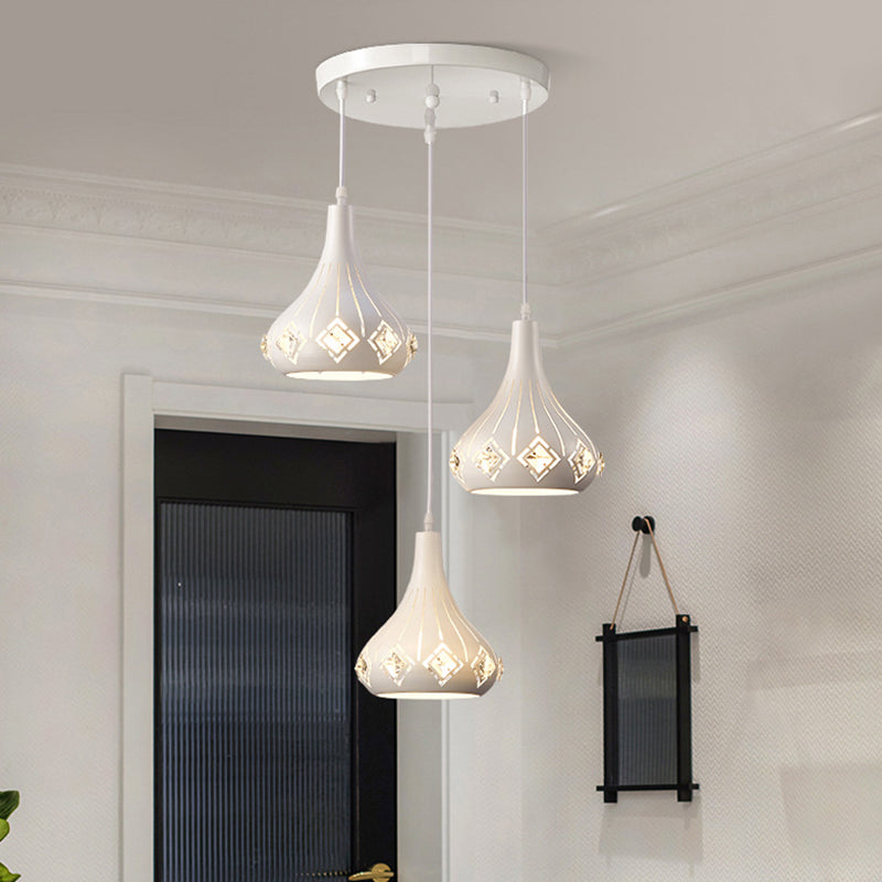 Contemporary Urn Pendant Light With Crystal Accent - 3-Bulb Metal Ceiling Lamp In White For