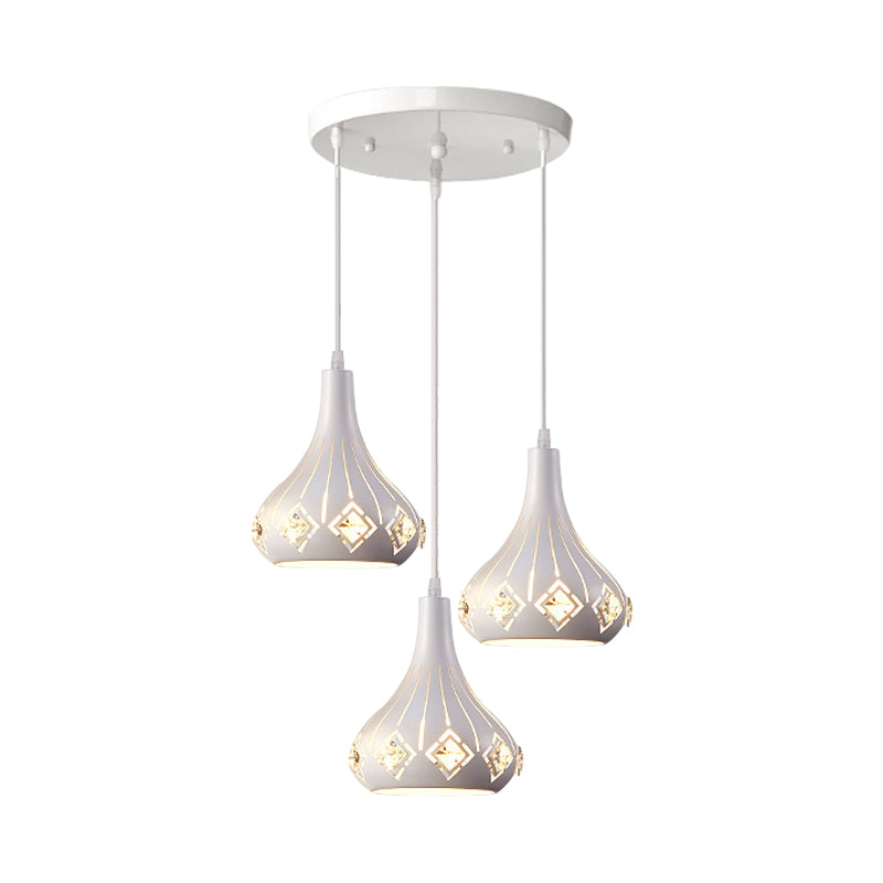 Modern Metal Urn Pendant Light with Crystal Accent - White, 3-Bulb Ceiling Lamp for Restaurants