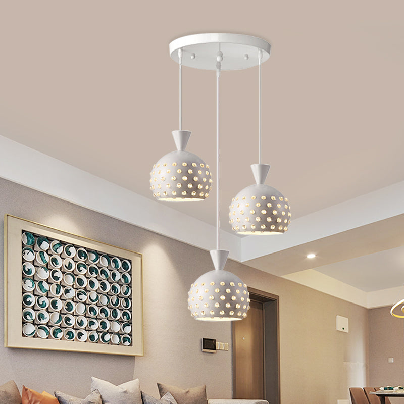 Modern White Domed Restaurant Ceiling Lamp with Crystal Bead Design - 3 Light Pendant