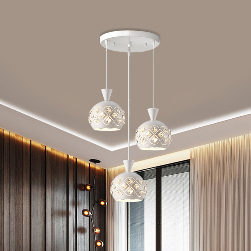 Modern Iron Domed Suspension Light - 3-Light Crystal Ceiling Lamp In White