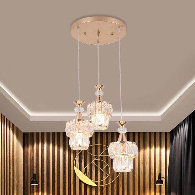 Modern Gold Cluster Pendant Light - 2 Layers 3-Head Beveled Crystal Blocks