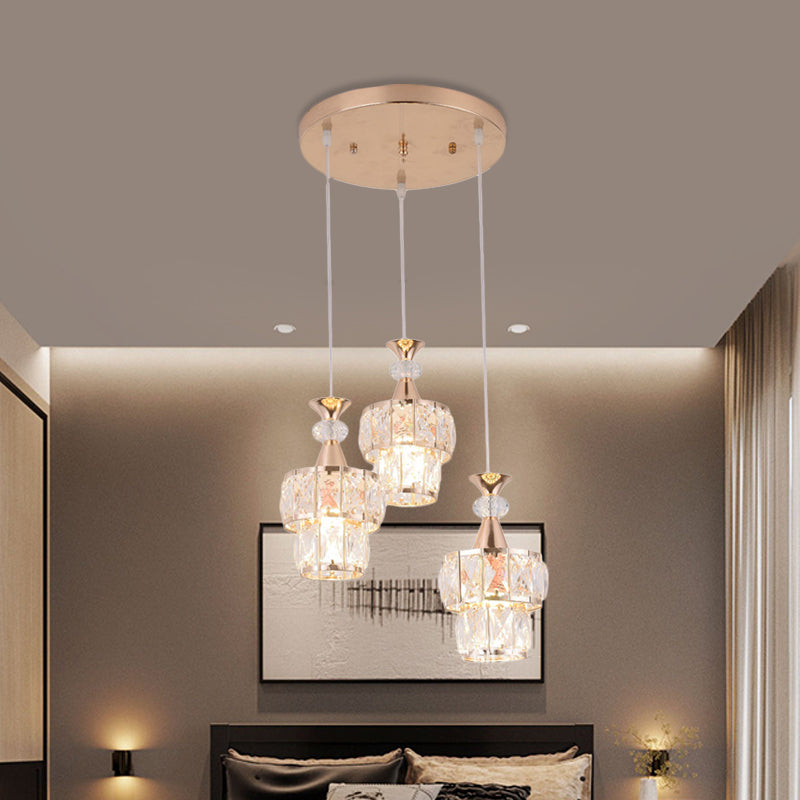 Modern Gold Cluster Light Pendant with Beveled Crystal Blocks - 2 Layers, 3-Head Hanging Lamp Kit