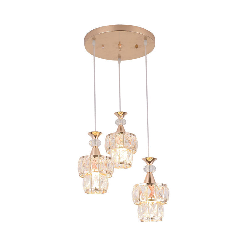 Modern Gold Cluster Pendant Light - 2 Layers 3-Head Beveled Crystal Blocks
