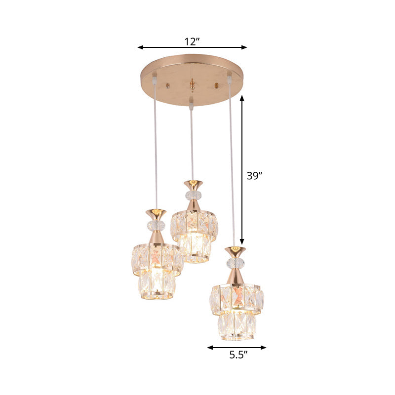Modern Gold Cluster Light Pendant with Beveled Crystal Blocks - 2 Layers, 3-Head Hanging Lamp Kit