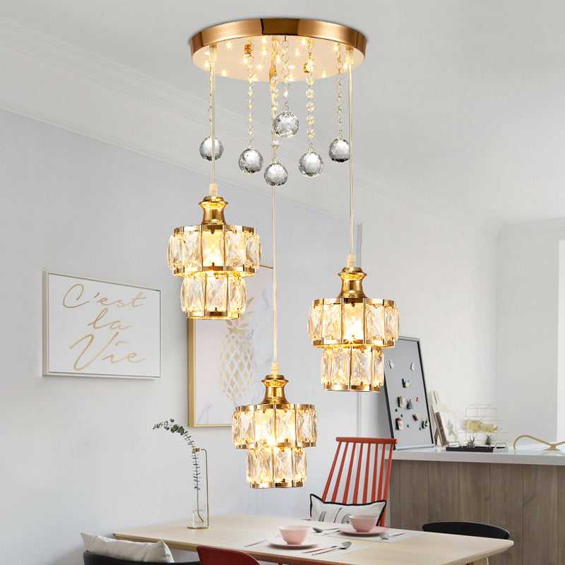 Minimalist 2-Tier Crystal Pendulum Light With 3-Bulb Gold Finish - Multi Pendant Droplet Design