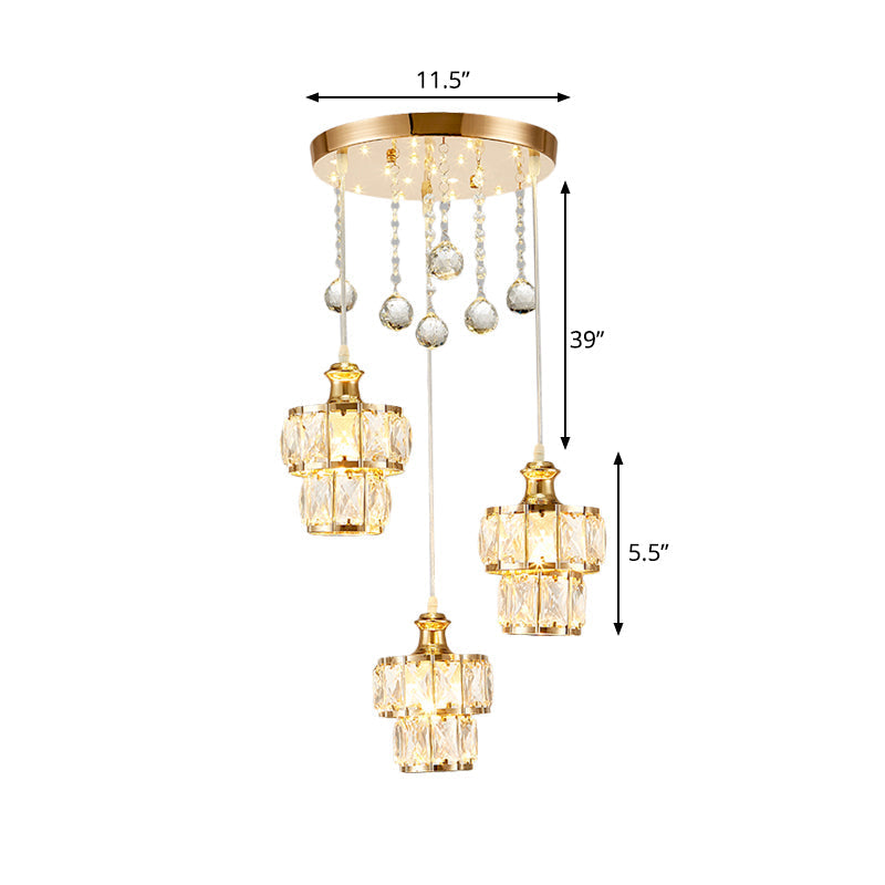 Minimalist 2-Tier Crystal Pendulum Light With 3-Bulb Gold Finish - Multi Pendant Droplet Design