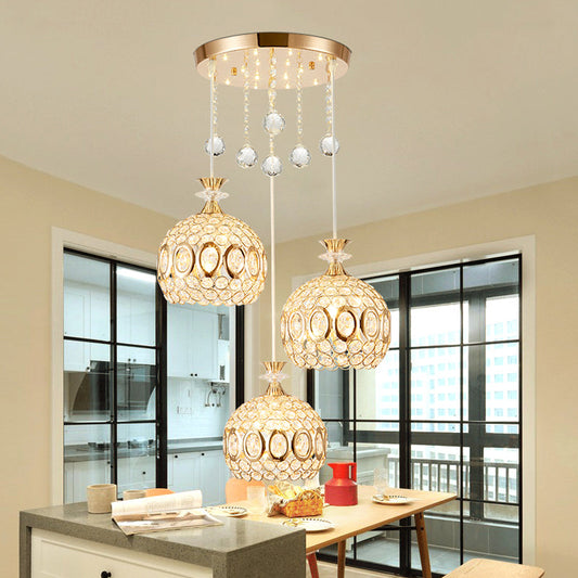 Modern Crystal Dome Pendant Light with 3 Bulbs, Gold Finish