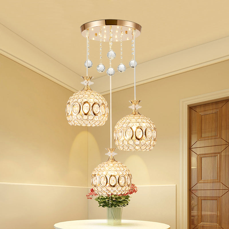 Modern Crystal Dome Pendant Light with 3 Bulbs, Gold Finish