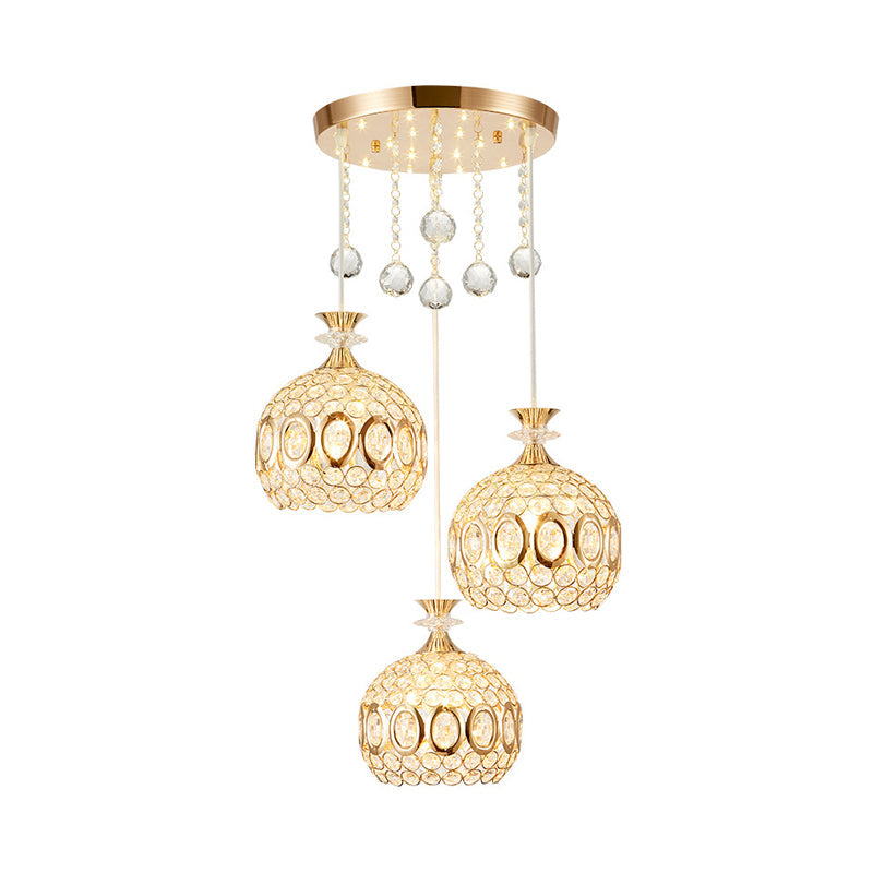 Gold Dome Multi-Pendant Light With Crystal Encrusted Modernist Design - 3 Bulbs