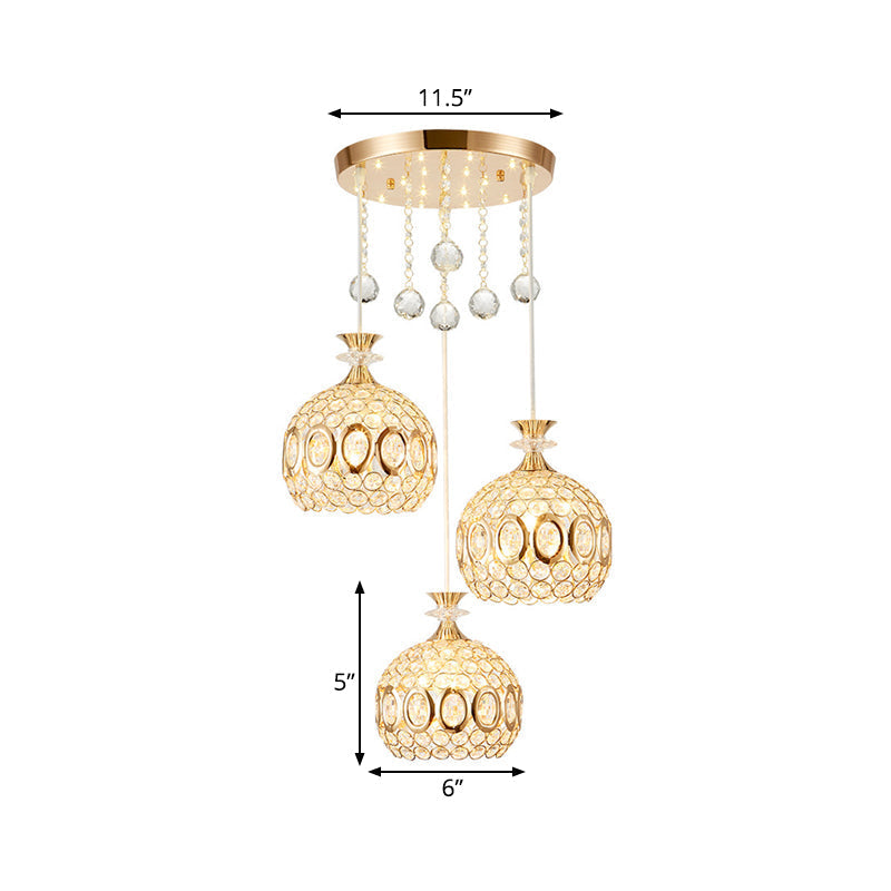 Modern Crystal Dome Pendant Light with 3 Bulbs, Gold Finish