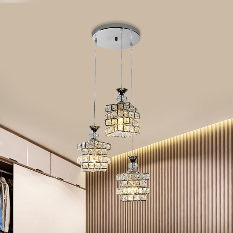 Sleek 3-Head Crystal Block Pendant Lamp - Modern 4-Layer Design Silver Finish Multi Ceiling Light