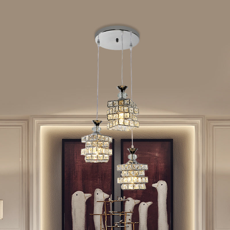 Crystal Block 3-Head Pendant Light Fixture with Silver Finish and Multi-Ceiling Design