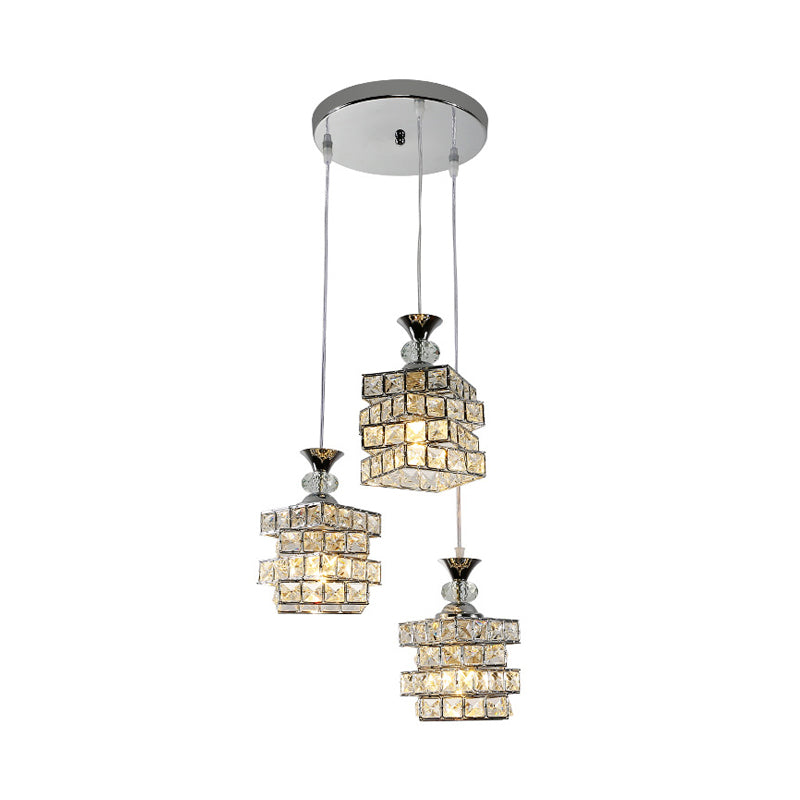 Crystal Block 3-Head Pendant Light Fixture with Silver Finish and Multi-Ceiling Design