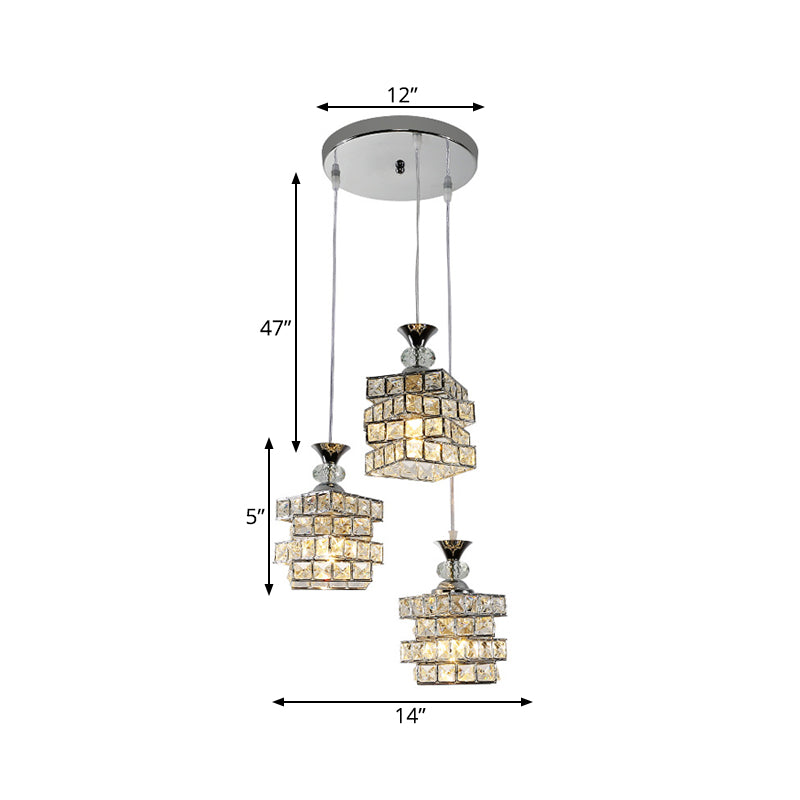 Sleek 3-Head Crystal Block Pendant Lamp - Modern 4-Layer Design Silver Finish Multi Ceiling Light