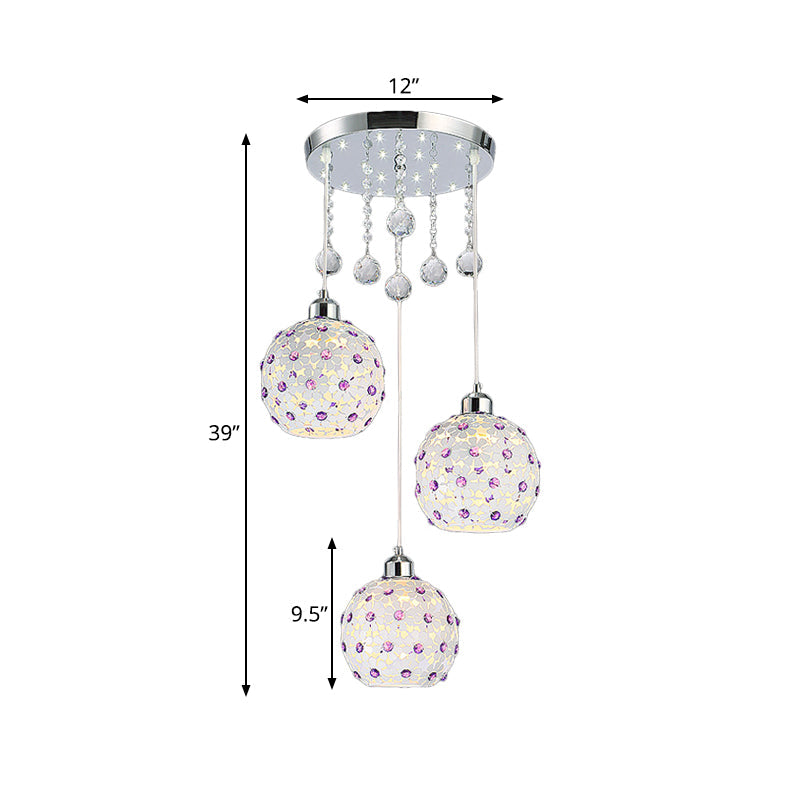 Modern Iron Sphere Multi-Pendant Ceiling Fixture with 3 Lights, White Finish & Purple Crystal Bead Decor