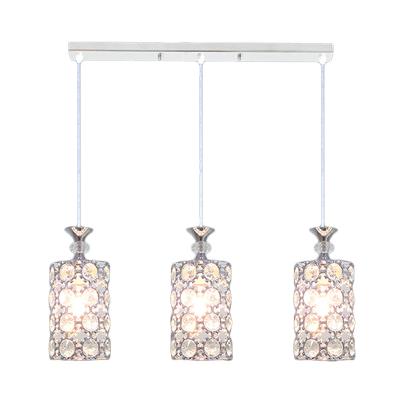 Modern Silver Cluster Pendant with Crystal Encrusted Shade - 3 Lights Restaurant Ceiling Lamp