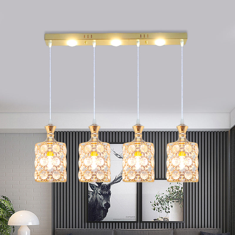 Modern Gold Cylinder Shape Hanging Pendant With 4-Light Beveled K9 Crystal