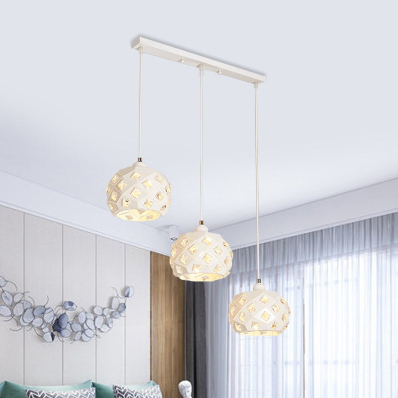 Modernist Iron Drum Multiple Hanging Lamp with Down Lighting - White Finish, Crystal Accents, 3 Lights